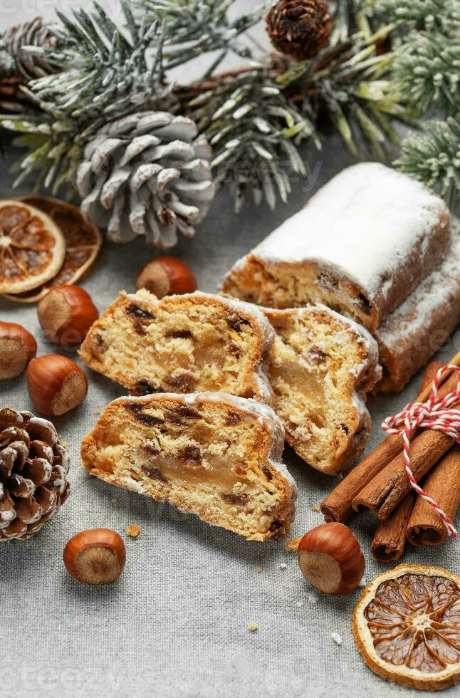 Christmas stollen with winter holidays decoration photo