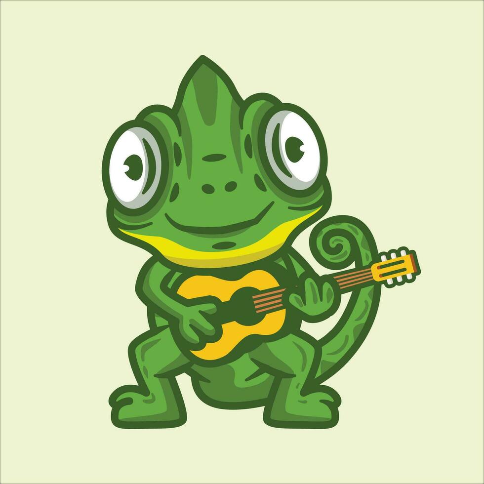 Cute chameleon playing guitar cartoon vector illustration