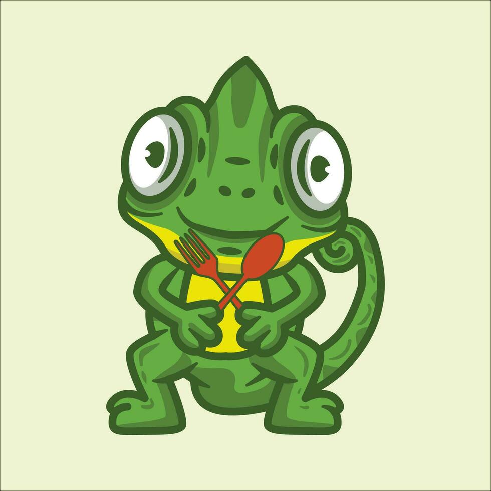 Cute chameleon holding spoon and fork cartoon vector illustration