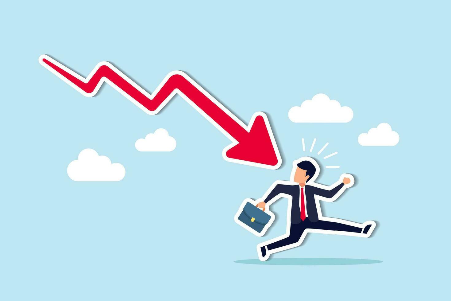 Business failure, economic recession or investment loss or stock market falling down, crisis or crash, investing risk or depression concept, failed businessman run away from falling down arrow chart. vector