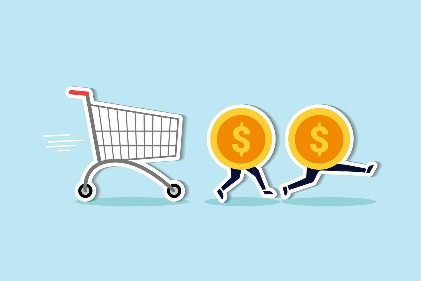 Over spending, consumerism or payment for expensive shopping cost causing debt and financial problem concept, dollar money coins running away from aggressive hunting creditor shopping cart or trolley. vector