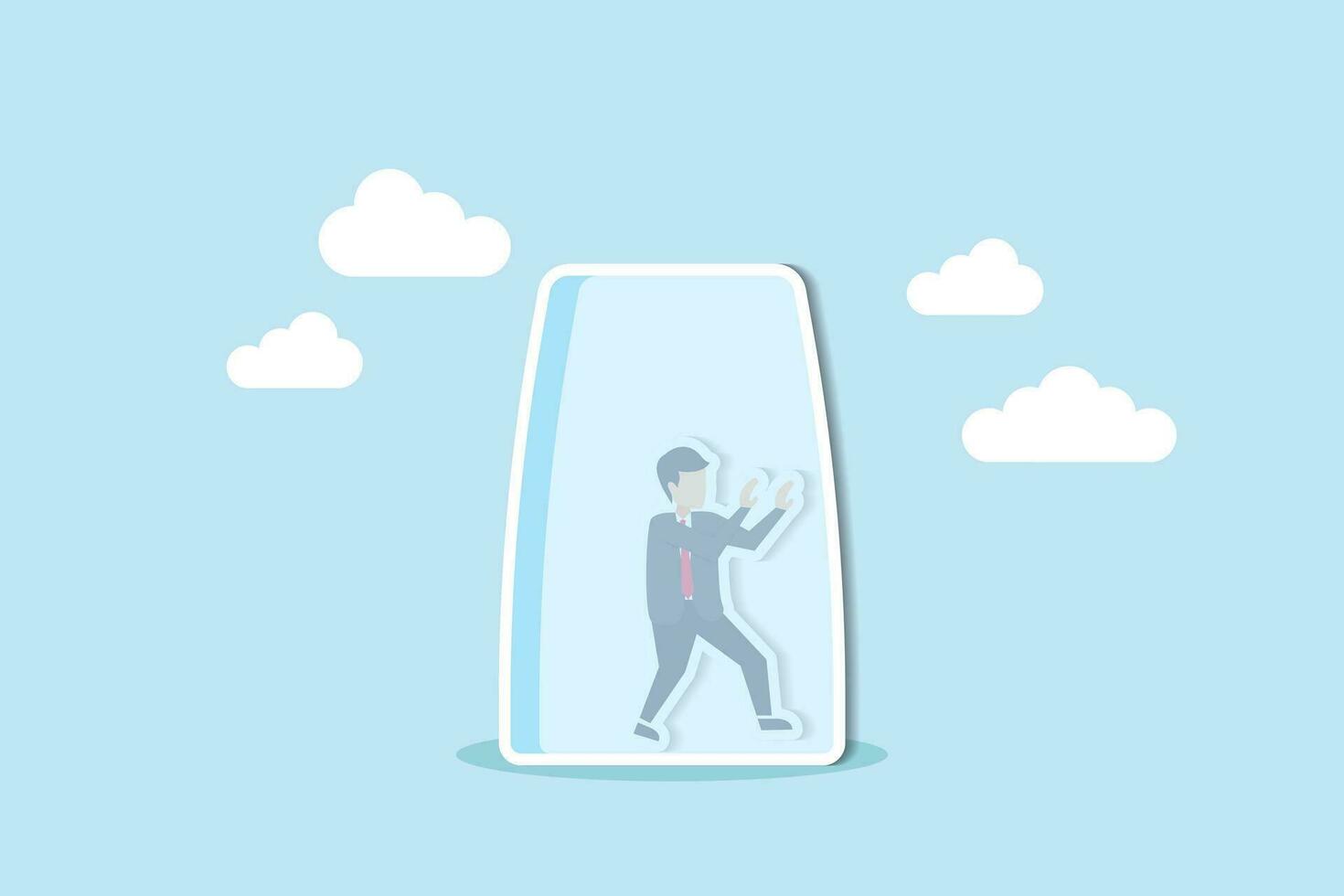 Business constraints, limitation or stagnant, restriction, prohibition or difficulty prevent from improvement or success concept, businessman inside the glass try to push so hard to break boundary. vector