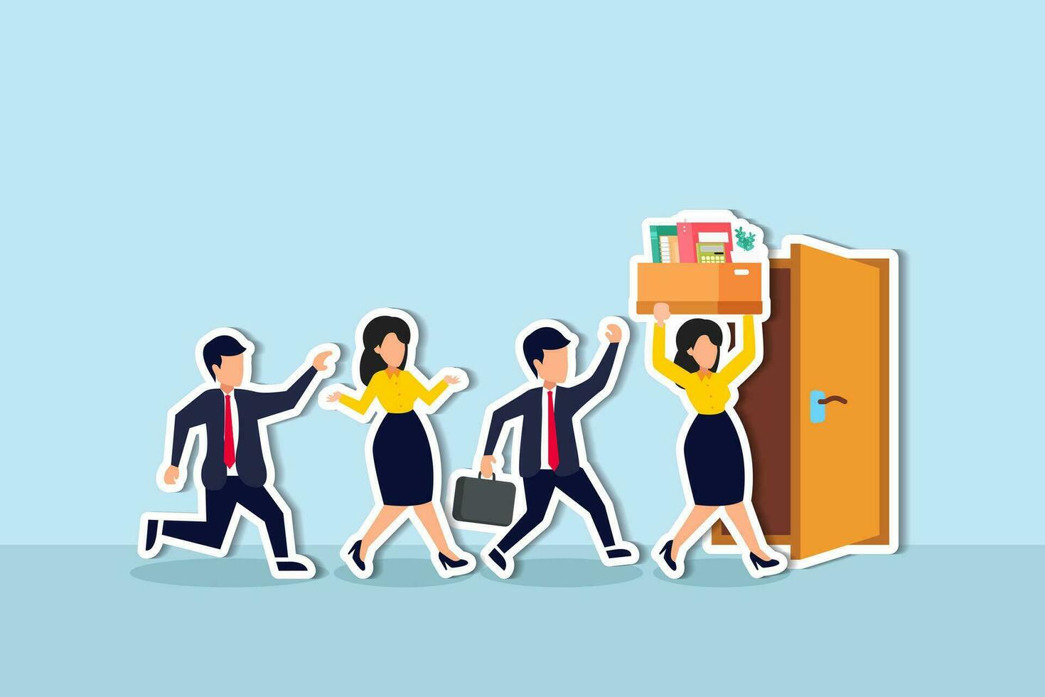 Great resignation, employee resign, quit or leaving company, people management or human resources problem concept, business people employee resign and walk through exit door. vector