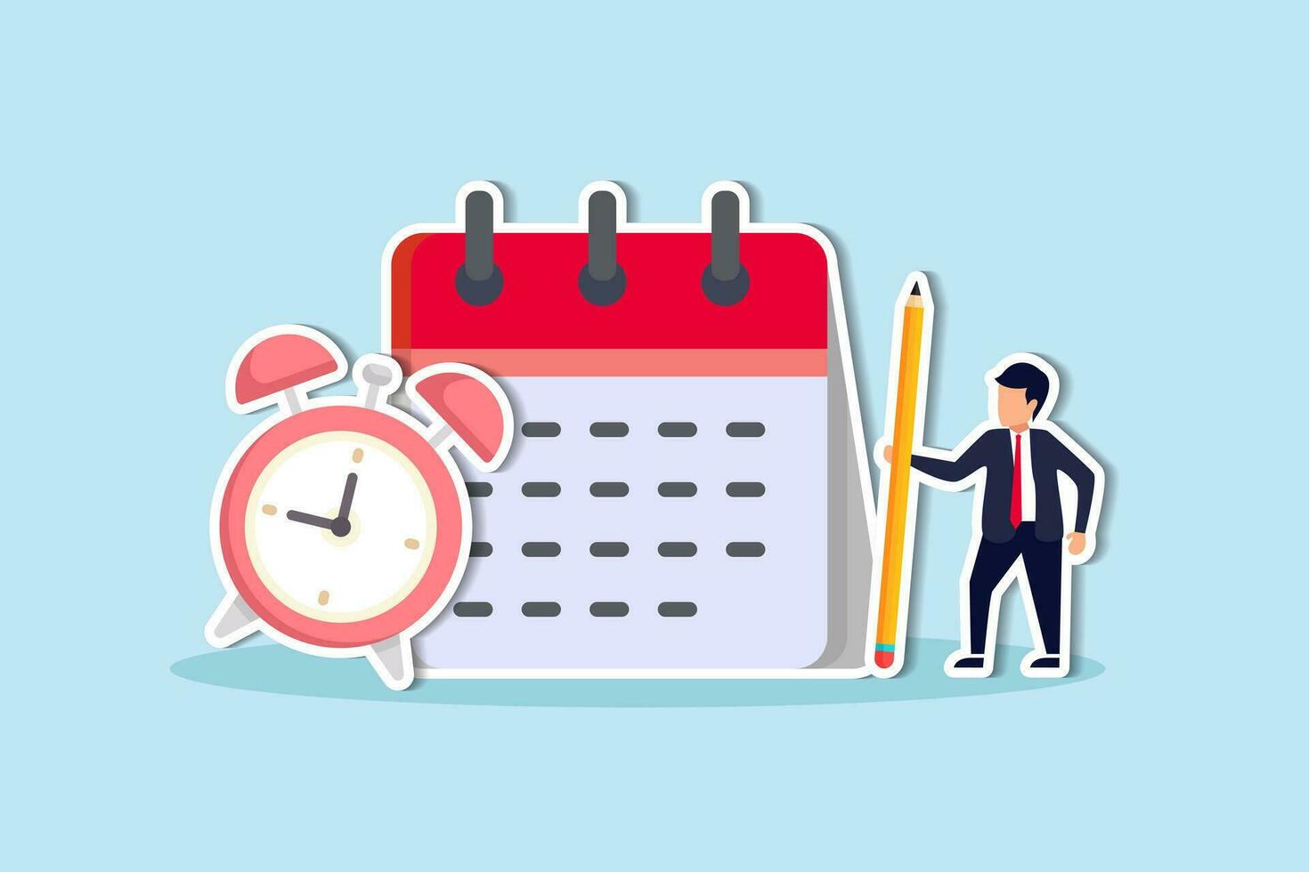 Schedule planning and time management, organize meeting and appointment, event reminder or business schedule concept, businessman holding pencil planning work schedule on calendar and alarm clock. vector