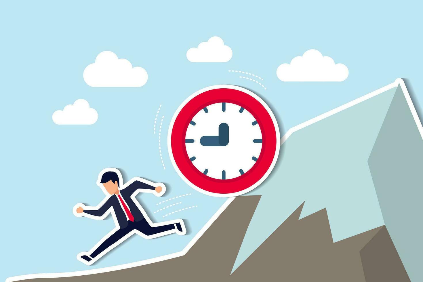 Run out of time, work deadline, time countdown or time management concept, tried businessman running away from falling rolling huge clock down hill. vector