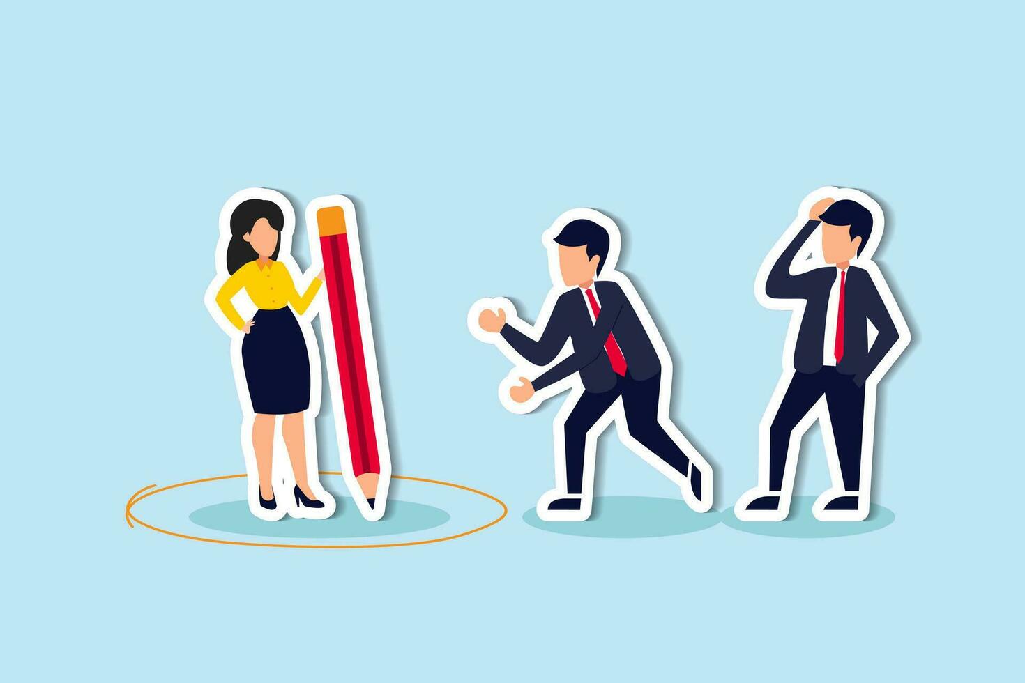 Personal space, privacy or work boundary to limit access and protect from people, introvert or safe zone concept, businesswoman using pencil to draw personal space circle to protect from coworkers. vector
