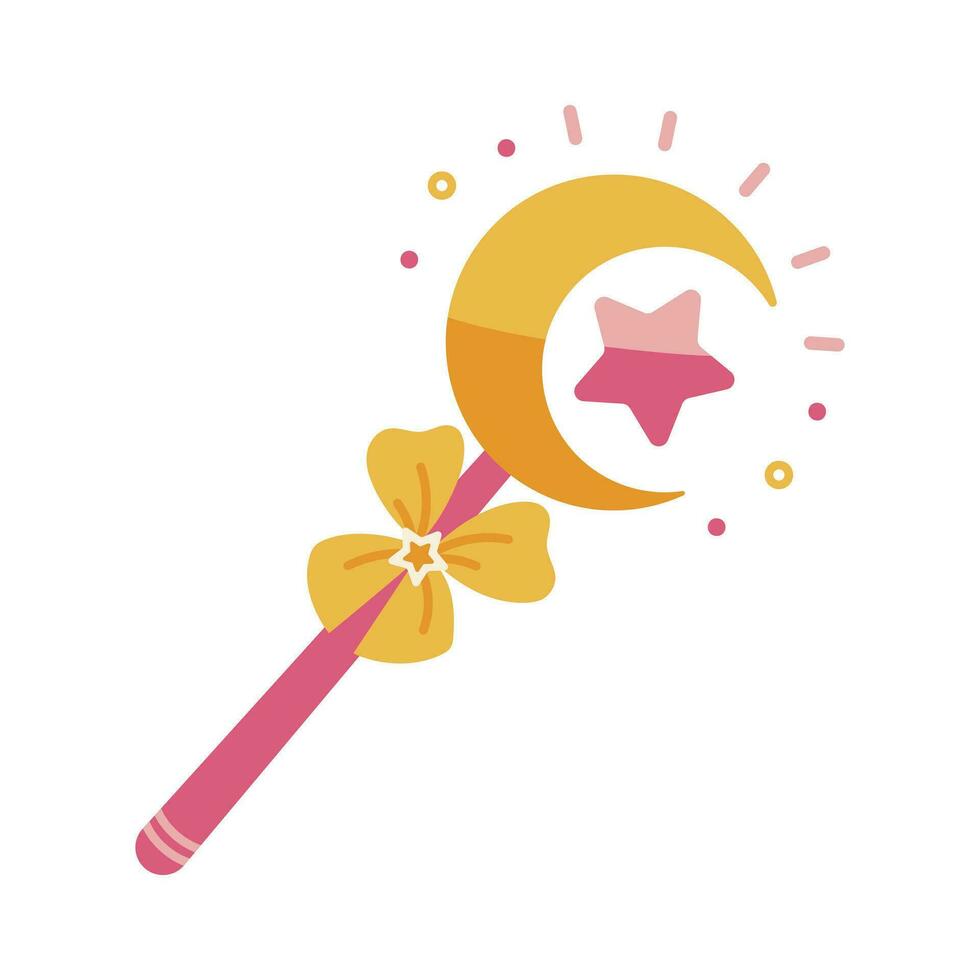 Magic wand vector icon. Pink stick with sparkling crescent moon, star, bow. A shining tool for a wizard, fairy, girl princess. A colorful toy for tricks, wishes. Flat cartoon clipart isolated on white