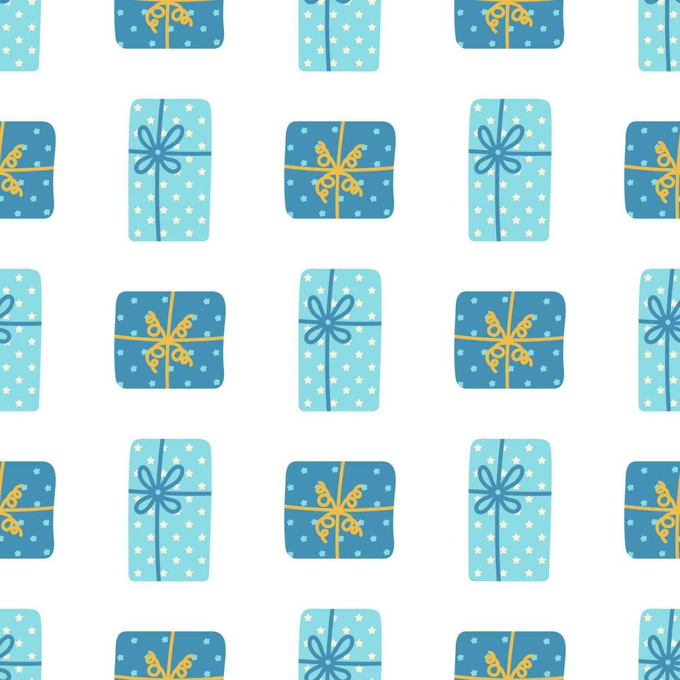 Gift boxes seamless vector pattern. Turquoise containers with gold ribbons, bows. Holiday presents with stars, polka dots. Surprises for birthday, festival, party. Cartoon background for print, web