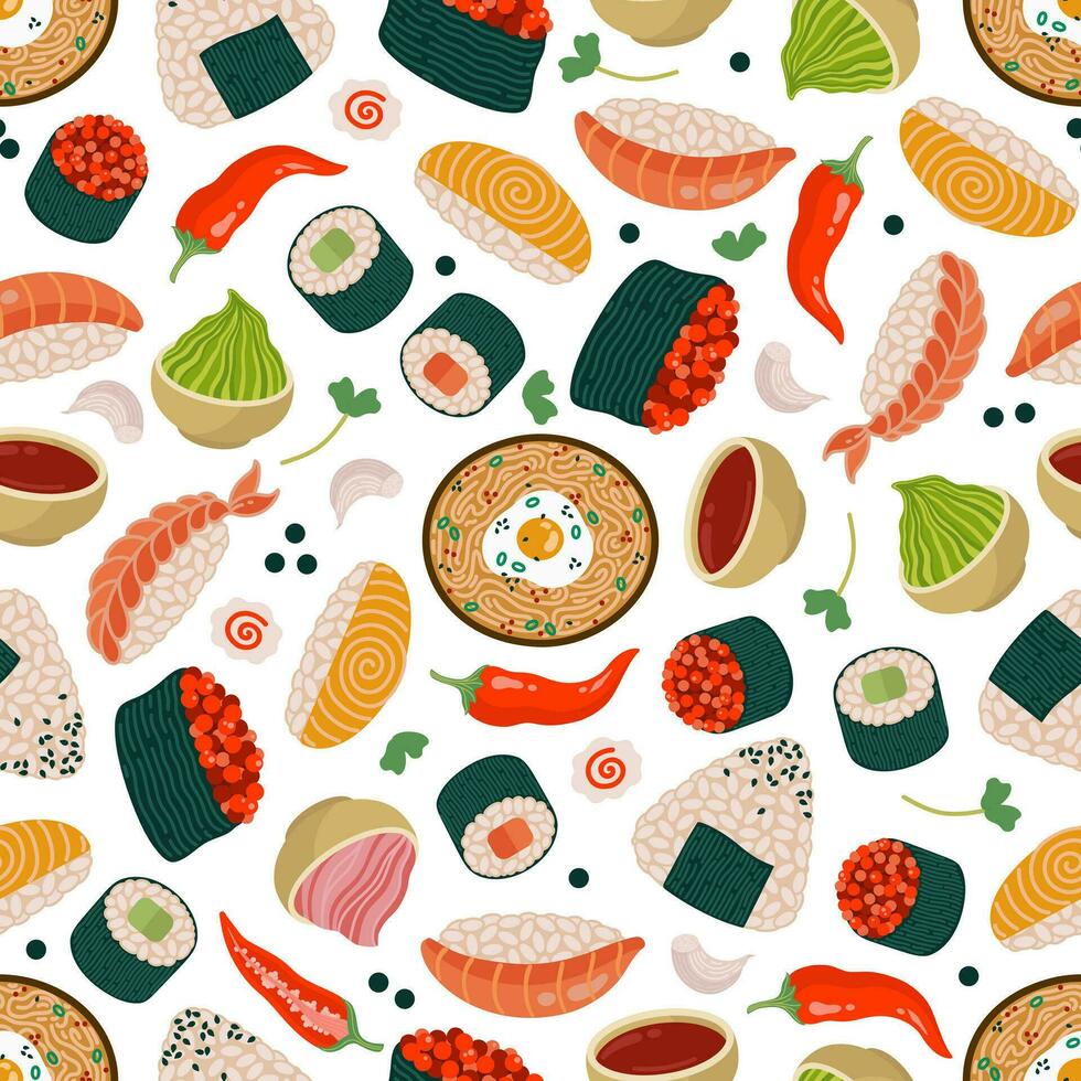 Asian food seamless vector pattern. Tasty Japanese snacks - ramen with ...