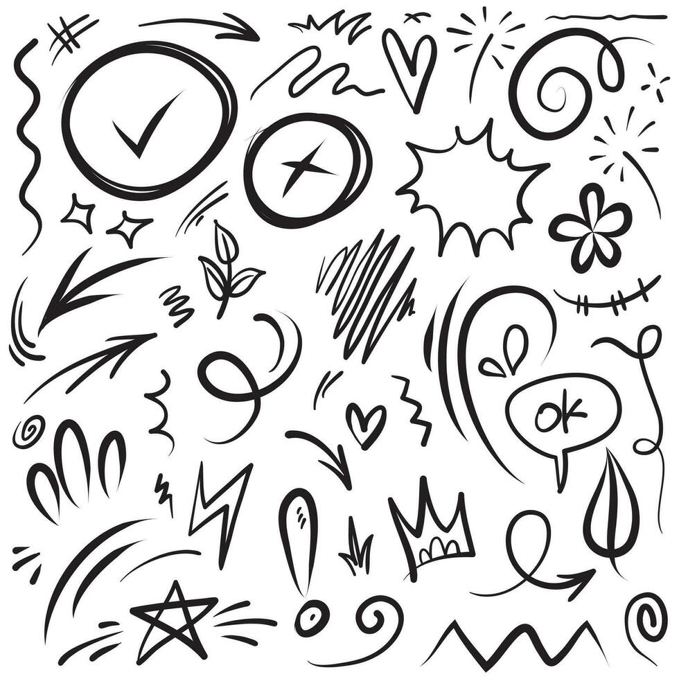 Conjunto de vectores de doodle de signo de expresión de dibujos animados dibujados a mano, flechas direccionales de curva, elementos de diseño de efectos de emoticonos, símbolos de emoción de personaje de dibujos animados, lindas líneas de trazo de pincel decorativo.