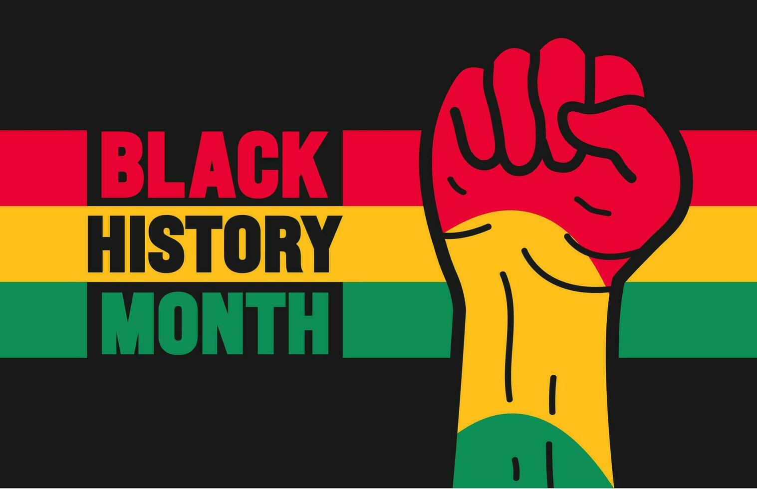 African American Black history month colorful lettering typography with protest power strong hand raised background Celebrated February in united state and Canada. Juneteenth Independence Day. Kwanzaa vector