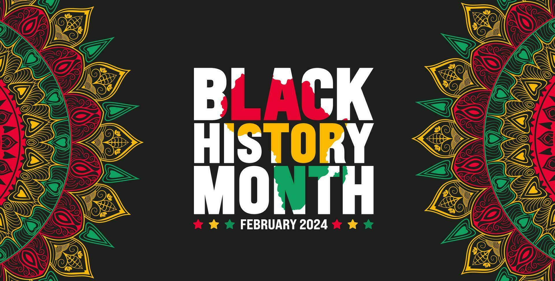 Black history month colorful lettering typography with Mandala background. Celebrated February in united state, Africa and Canada. Juneteenth Independence Day. Kwanzaa. vector