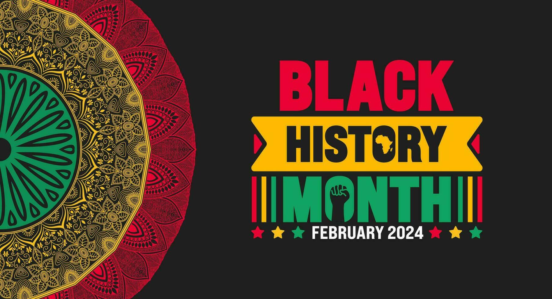 negro historia mes vistoso letras tipografía con mandala antecedentes. celebrado febrero en unido estado, África y Canadá. diecinueve de junio independencia día. kwanzaa. vector