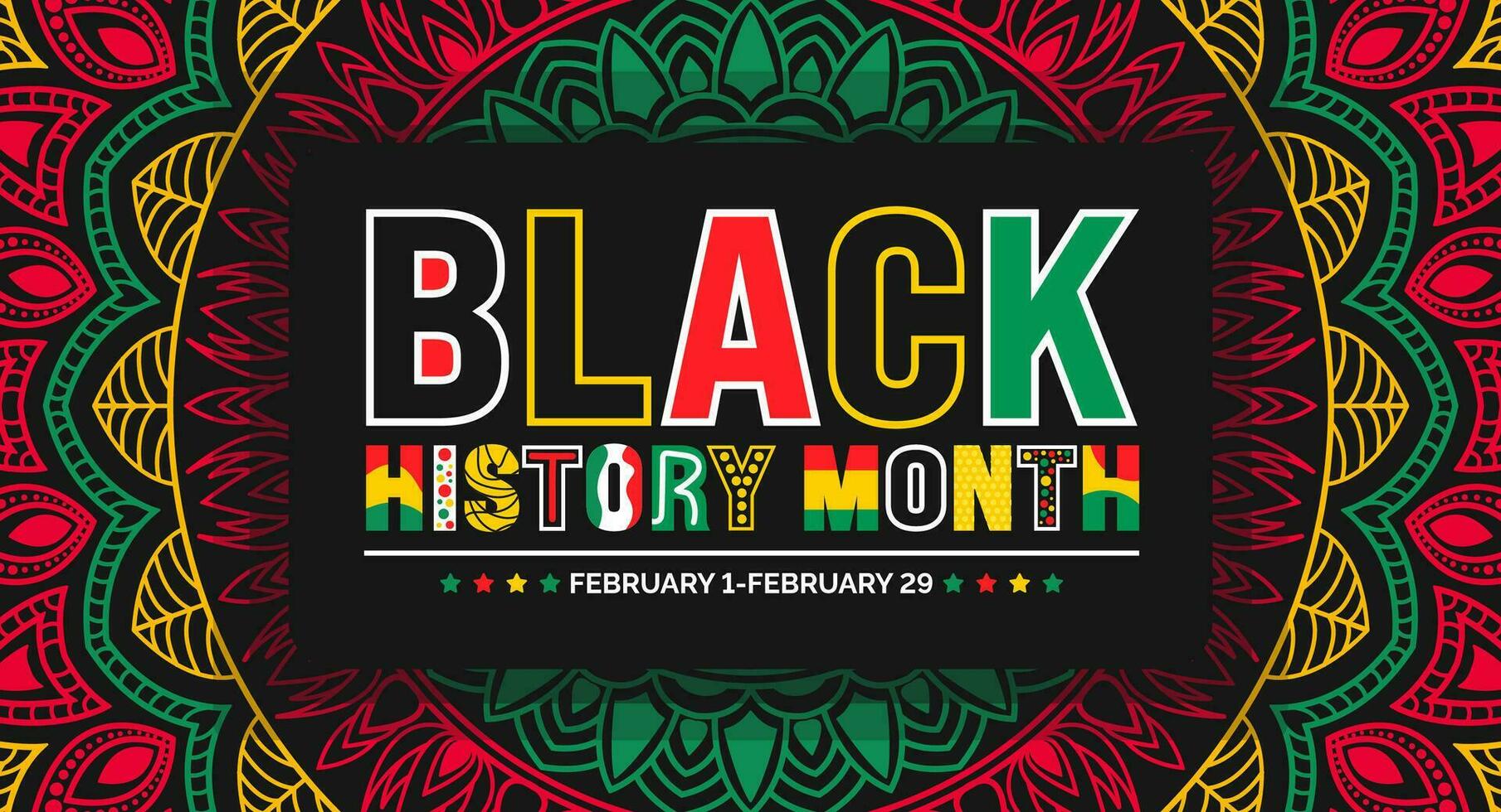 Black history month colorful lettering typography with Mandala background. Celebrated February in united state, Africa and Canada. Juneteenth Independence Day. Kwanzaa. vector
