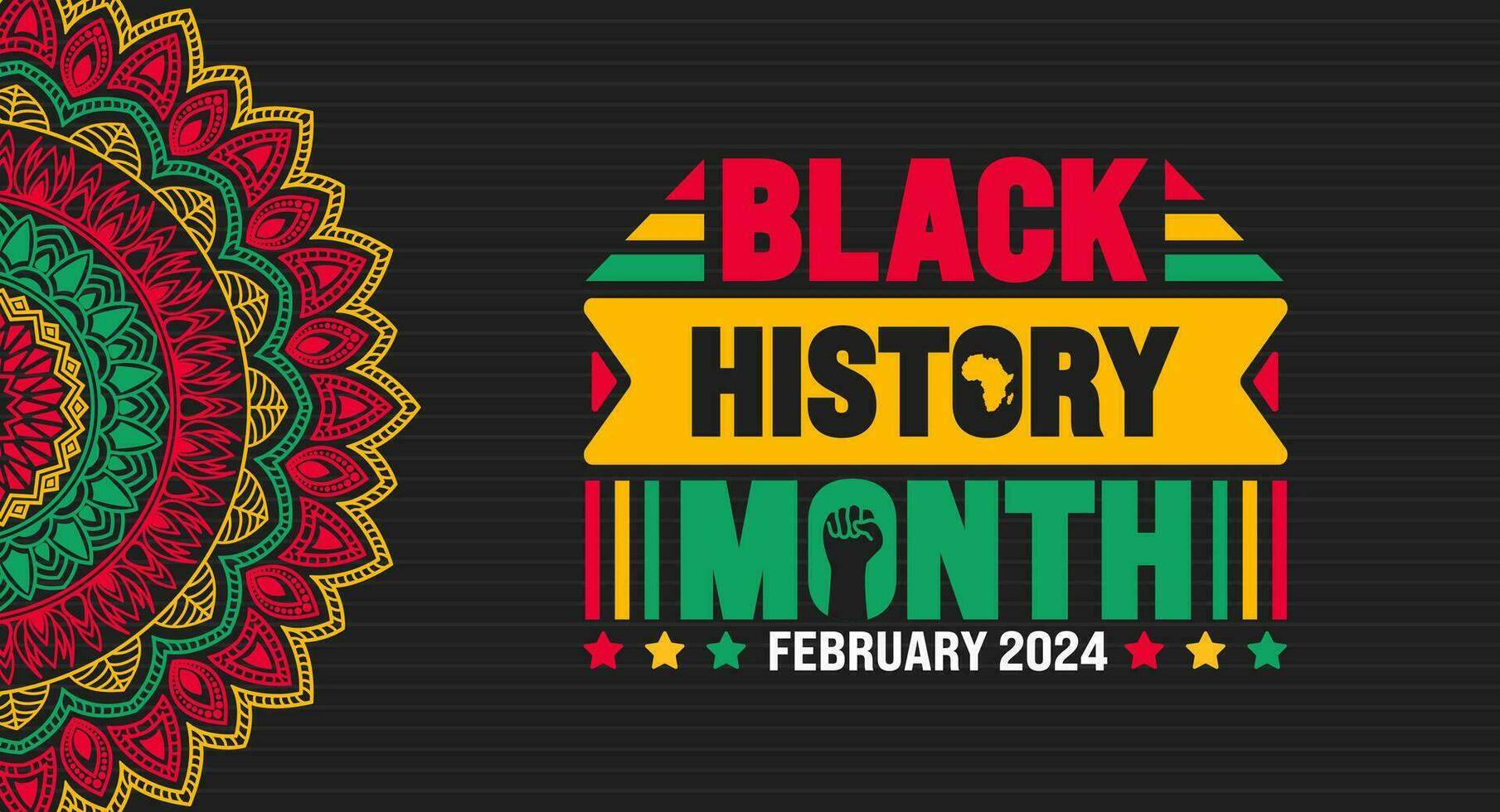 negro historia mes vistoso letras tipografía con mandala antecedentes. celebrado febrero en unido estado, África y Canadá. diecinueve de junio independencia día. kwanzaa. vector