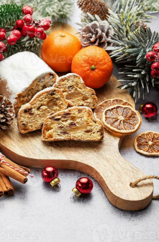 Christmas stollen with winter holidays decoration photo