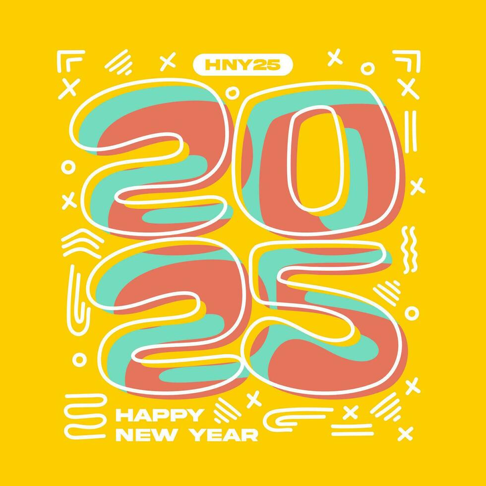 Happy new year 2025 square template with line number style on yellow background vector