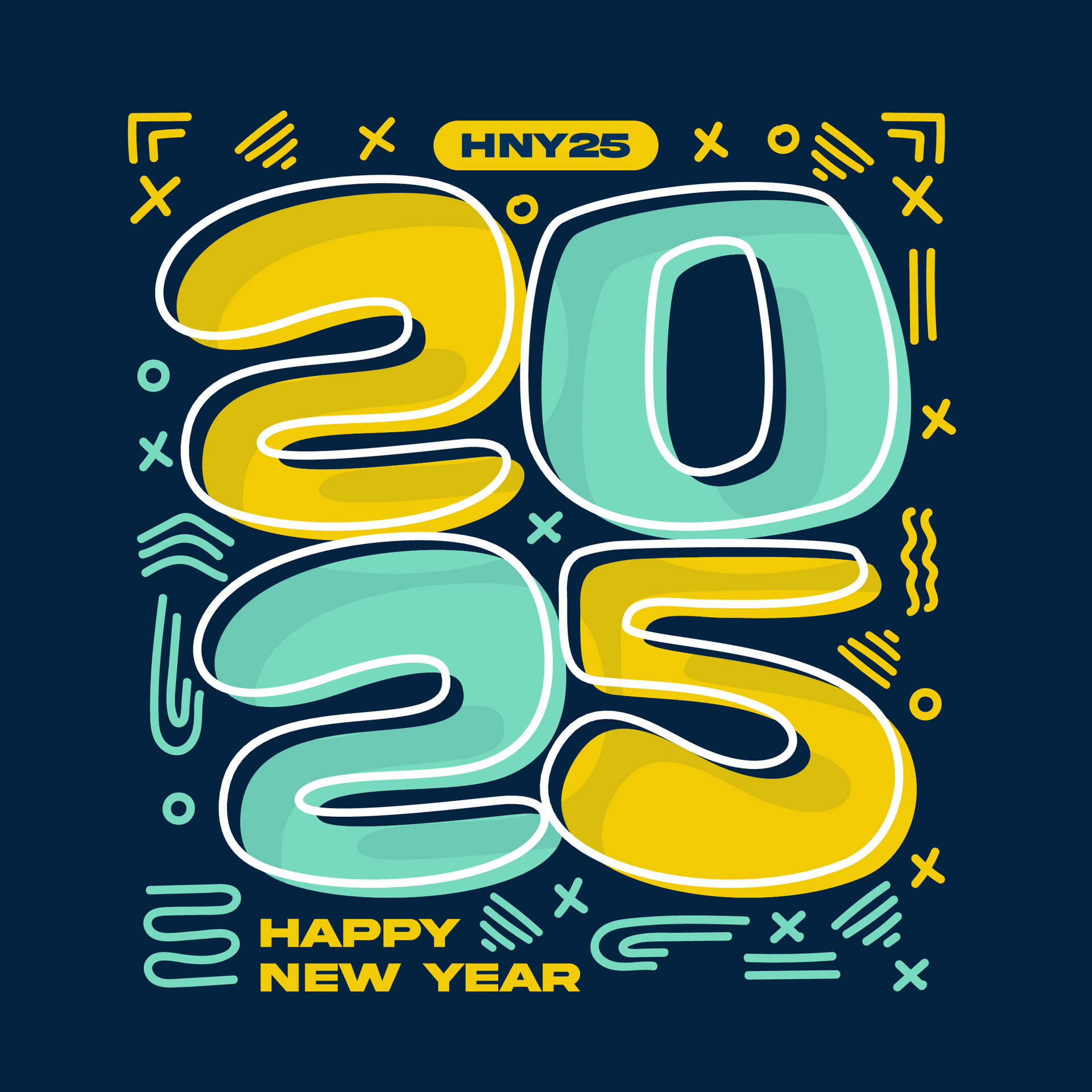 Happy new year 2025 square template with line number style on black