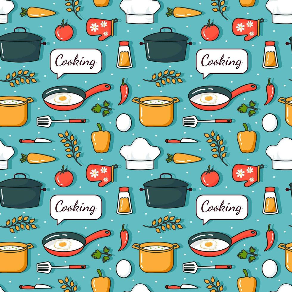 Cooking Equipment Seamless Pattern Design  Illustration in Flat Cartoon Template Hand Drawn vector