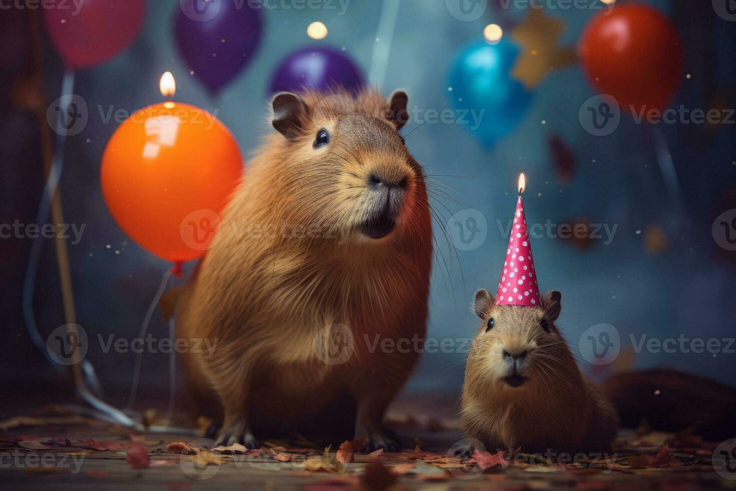 AI generated Cute rodent capybara with birthday hat and candles on dark background photo