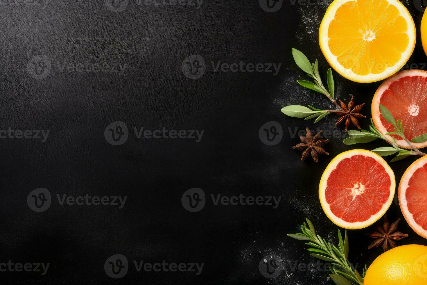 AI generated Grapefruit, orange, lemon and rosemary on a black background photo