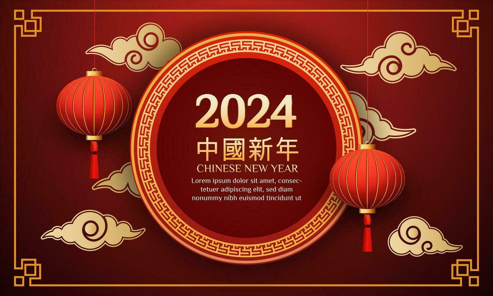 Chinese New Year 2024 3d background with lantern, red and gold flower, fan for banner, greeting card. Chinese Translation Chinese New Year vector