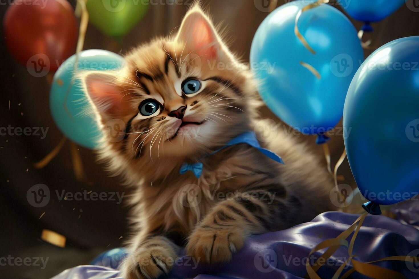 AI Generated Cute siberian kitten with blue eyes and bow tie on the background of balloons photo