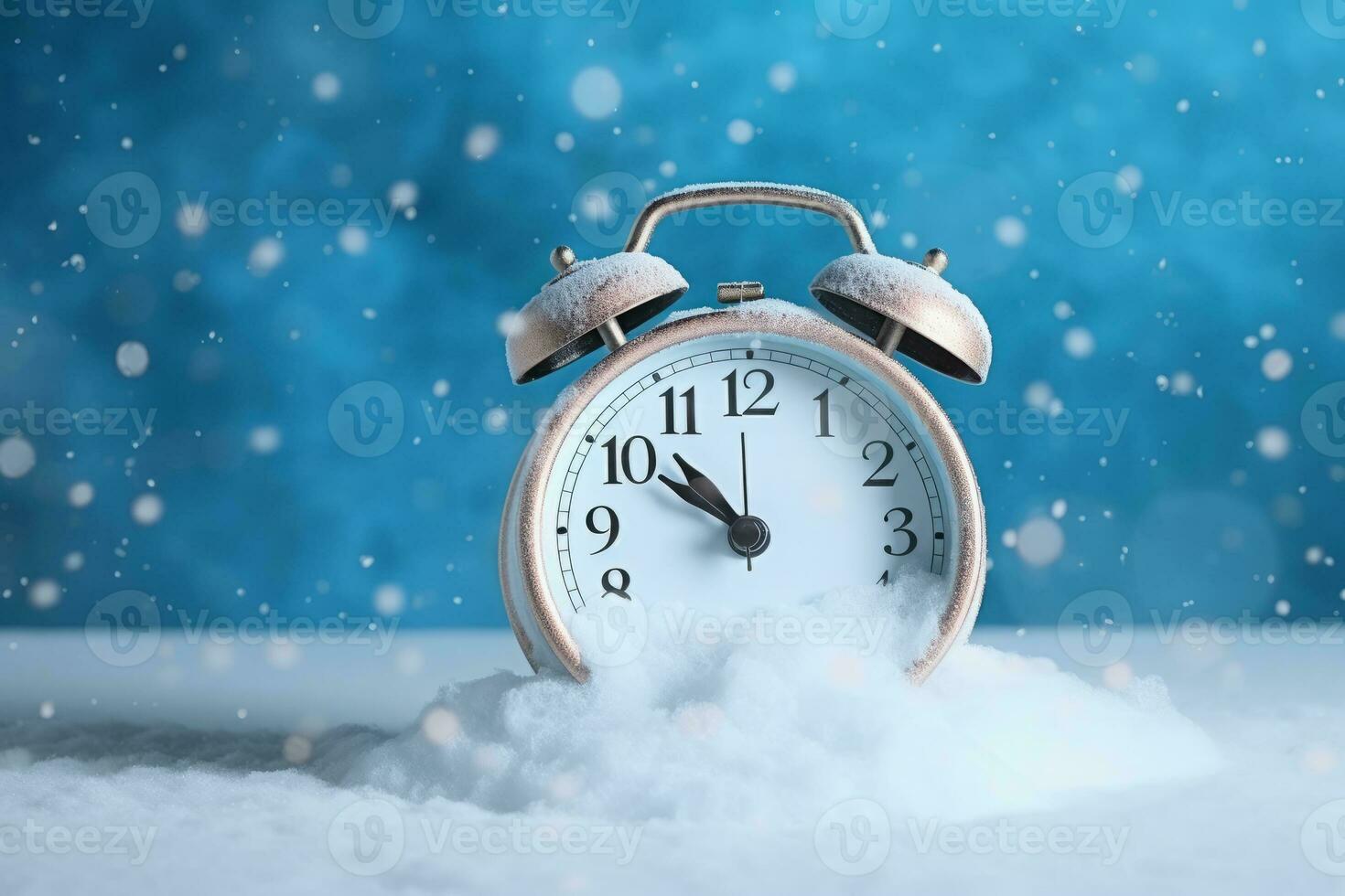 AI generated Retro alarm clock in the snow on a blue background. photo