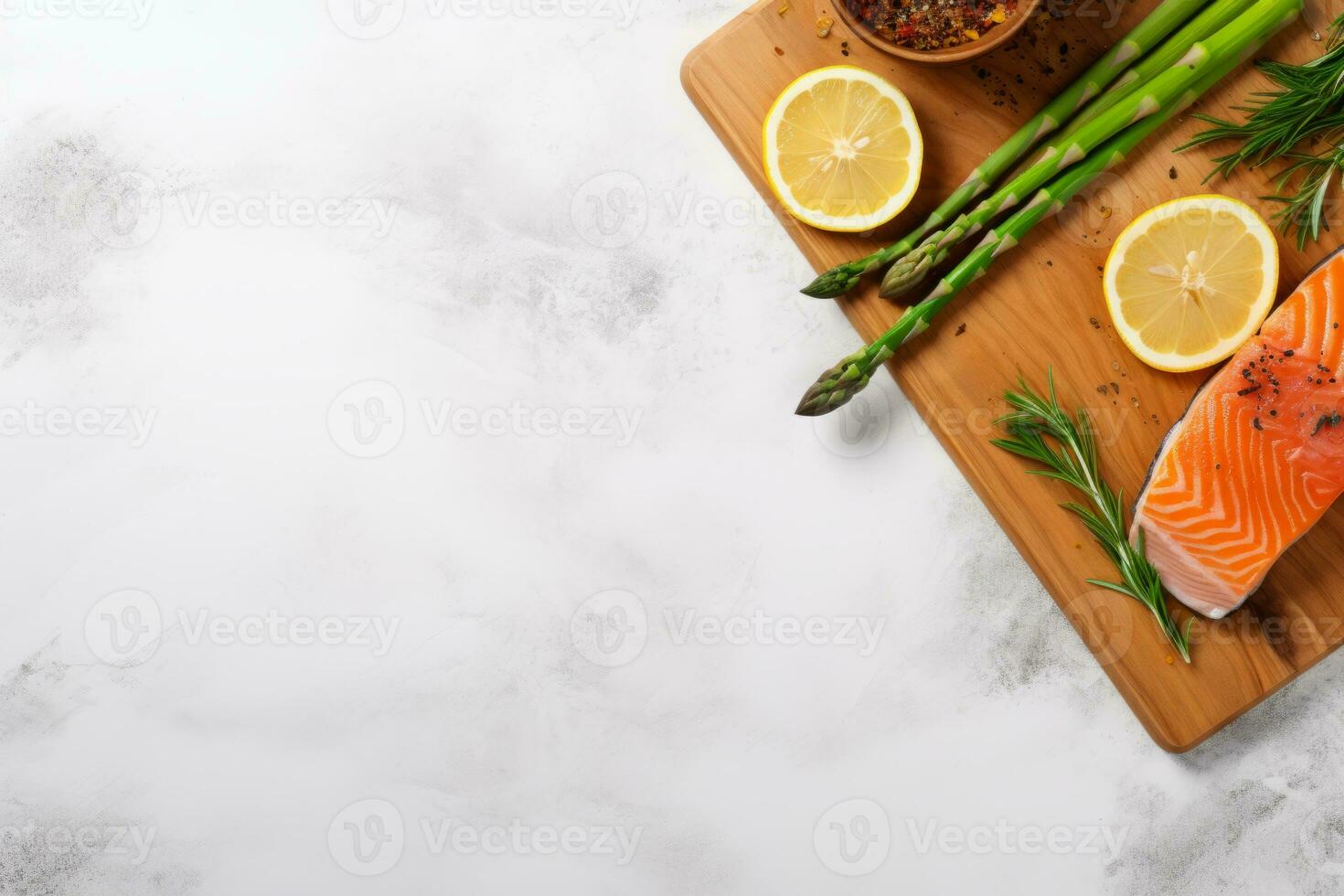 ai generado tablero con delicioso A la parrilla salmón filete y espárragos en mesa foto