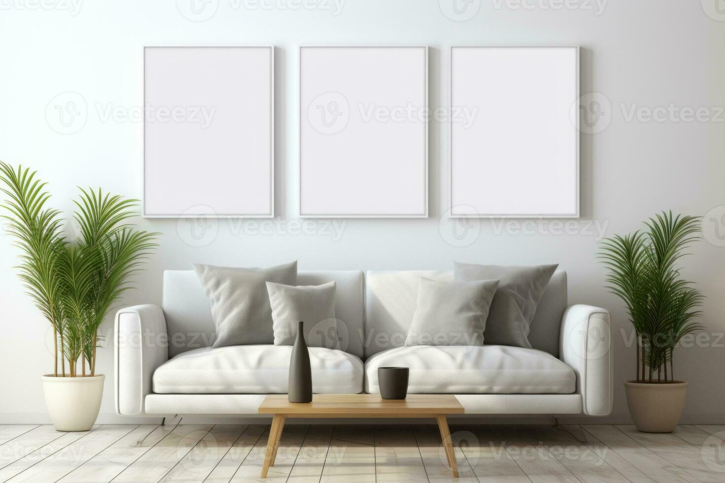 AI generated Interior of living room with two blank posters on wall, photo