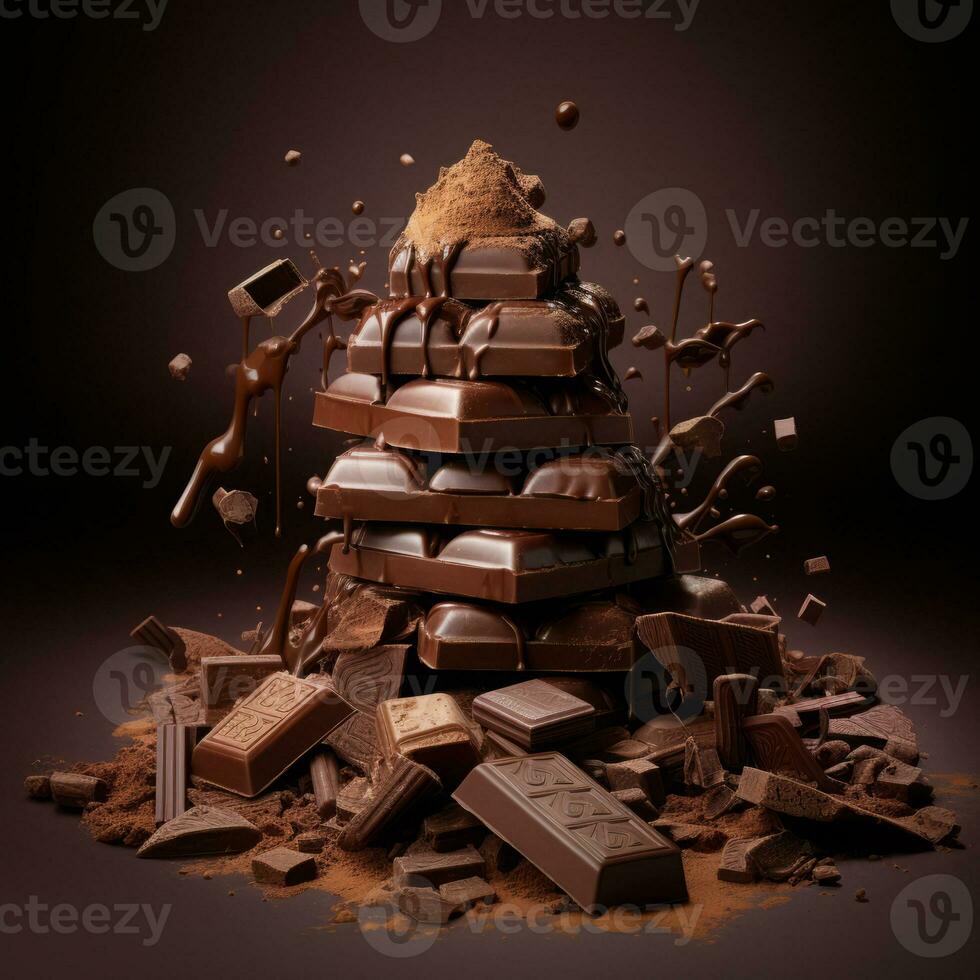 AI generated Christmas tree made of chocolate. Chocolate bar stack with chocolate candies and nuts on dark background photo