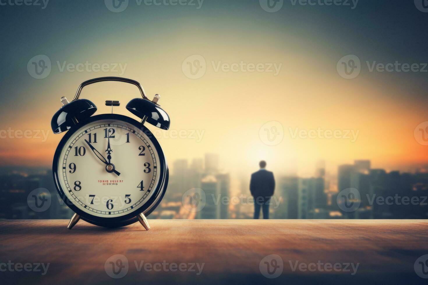 AI generated Alarm clock on wooden table with blur city background. Time management concept photo
