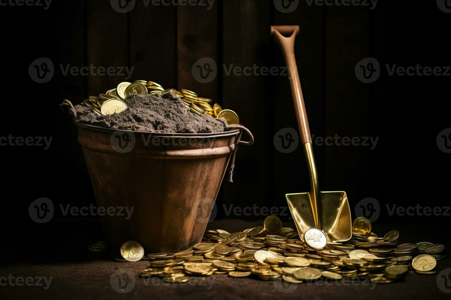AI generated golden sand in a bucket with shovel and coins on dark background photo
