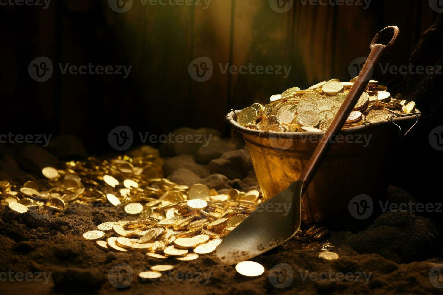 AI generated Gold coins in a bucket and a shovel on a dark background. photo