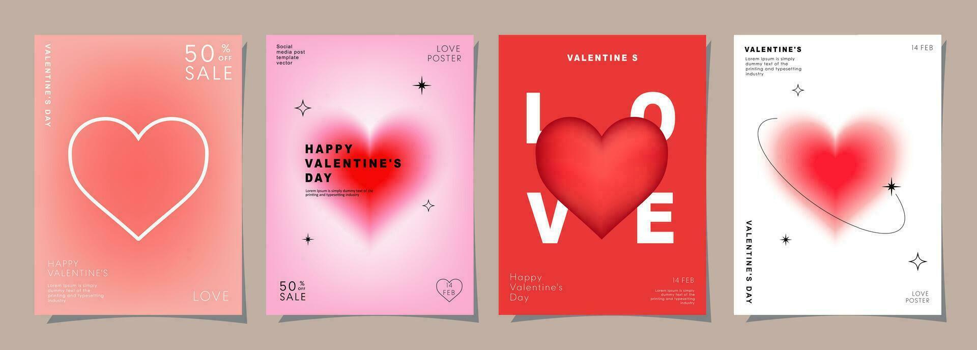 Set of Modern design templates for Valentines day, Love card, banner, poster, cover, invitation. Trendy minimalist aesthetic with gradients and typography, y2k backgrounds. vector illustration.