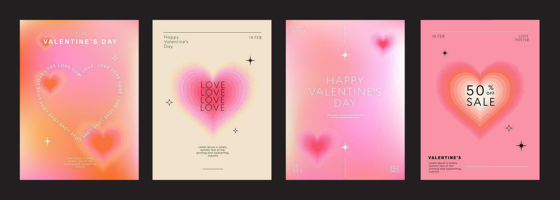 conjunto de moderno diseño plantillas para san valentin día, amor tarjeta, bandera, póster, cubrir, invitación. de moda minimalista estético con gradientes y tipografía, y2k antecedentes. vector ilustración.