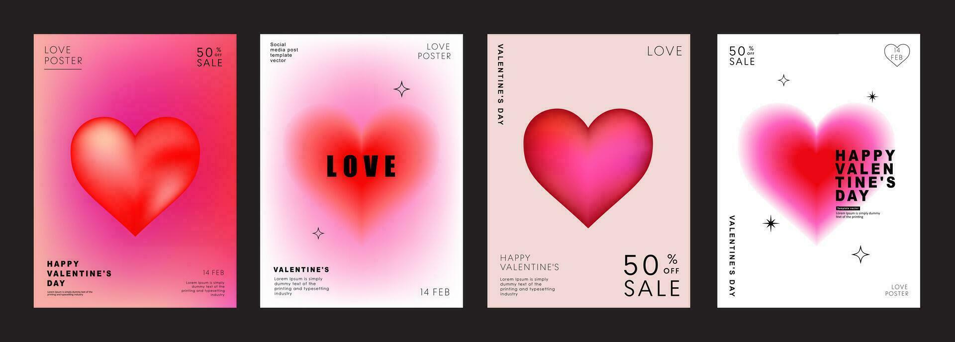 Set of Modern design templates for Valentines day, Love card, banner, poster, cover, invitation. Trendy minimalist aesthetic with gradients and typography, y2k backgrounds. vector illustration.