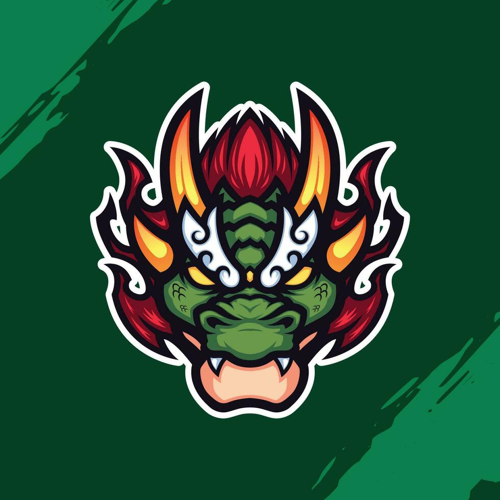 mascota logo de un verde continuar cabeza con cuernos y un rojo melena vector