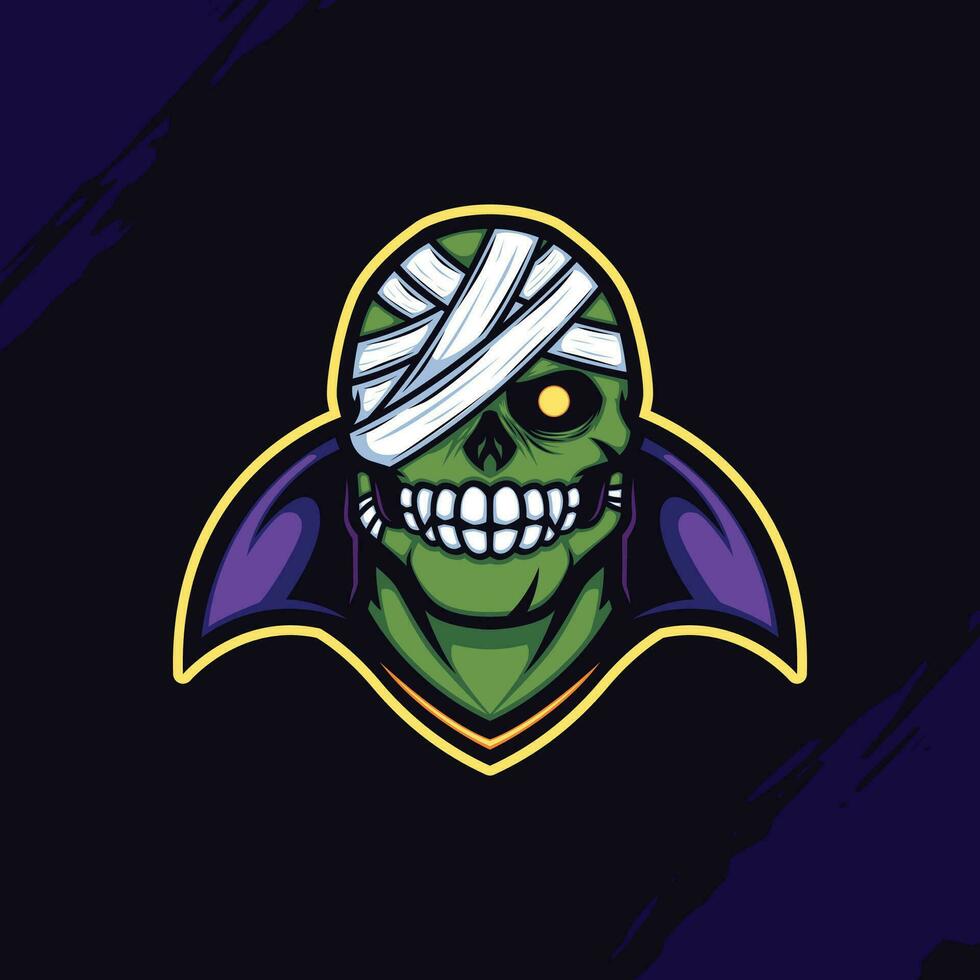 verde zombi mascota logo envuelto en vendajes y púrpura Saco vector