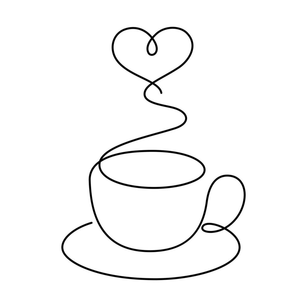 coffee cup and heart shape steam thin line illustration continuous drawing vector