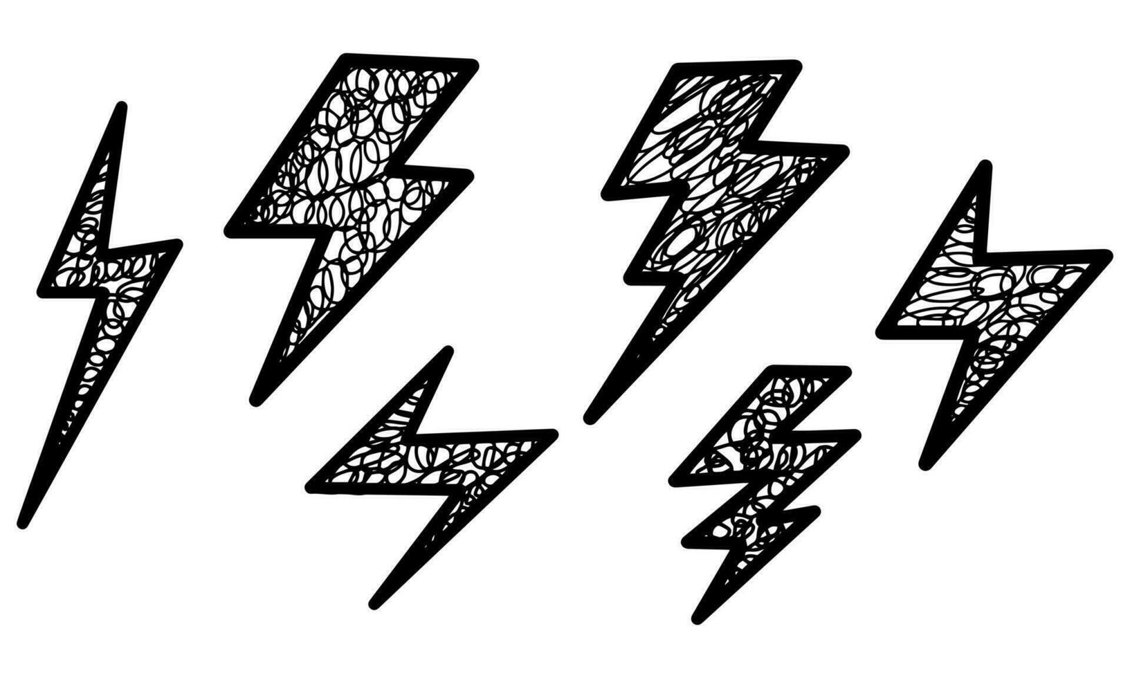 Set of Hand drawn electric lightning. Doodle thunder bolt and thunderstorm. isolated on white background. vector illustration