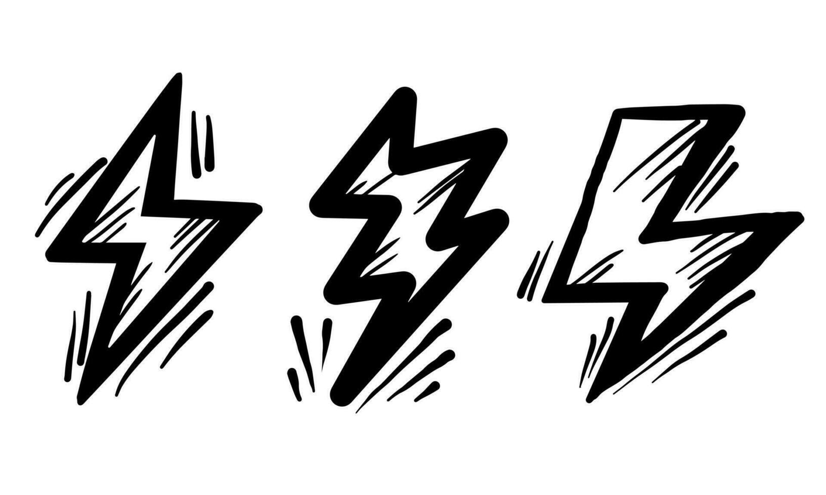 Set of electric lightning, thunder bolt in doodle style. isolated on white background. vector illustration