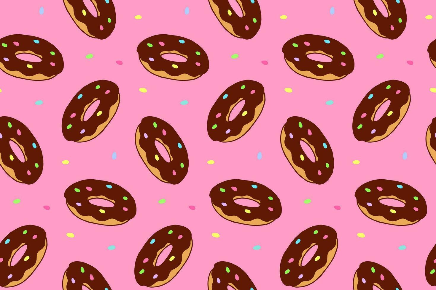 Vector Doodle Donut Seamless Pattern. Chocolate Doughnut on Pink Background. Cute Colorful Wallpaper, Swatch for Wrapping Paper or Fabric