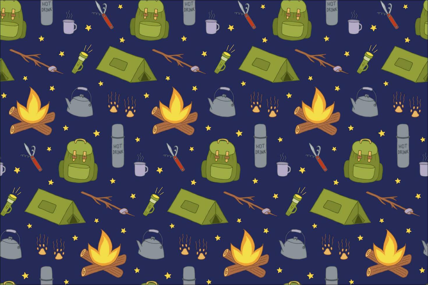 Vector Picnic Seamless Pattern. Backpacking and Hiking Doodle Wallpaper. Local Tourism and Camping Equipment. Design for wrapping paper, packaging or fabric