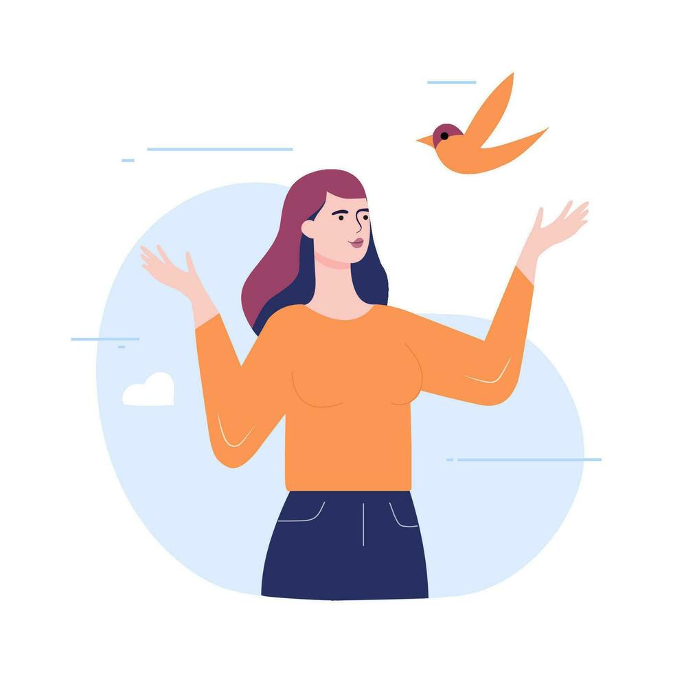 felicidad mujer con un pájaro plano diseño. vector ilustración.