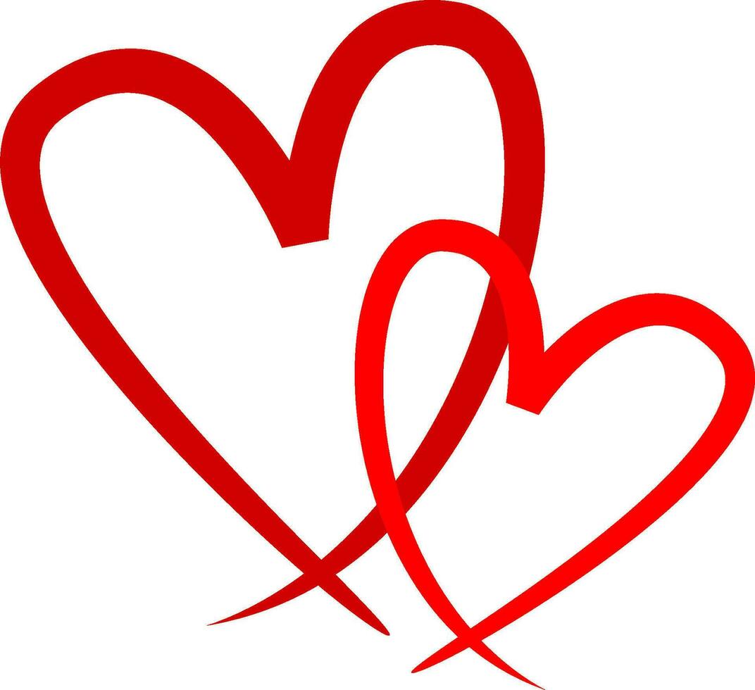 Two heart-shaped lines, both red, on a blank card, created with a single line draw vector