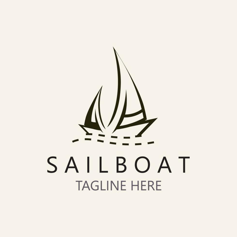 Sailboat vintage logo minimalist with wave, travel yacth or sailing boat vector design