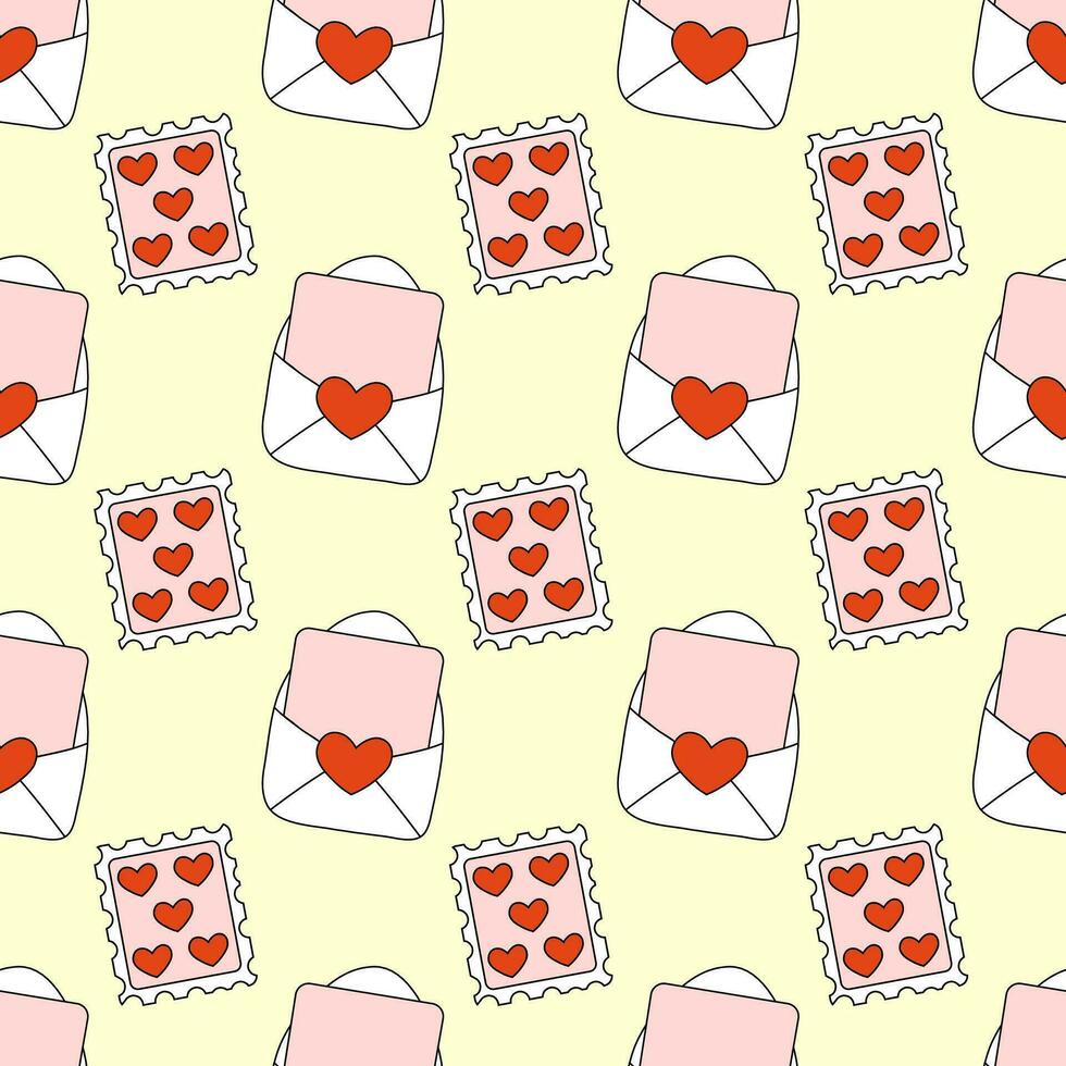 Seamless Pattern with Envelope and post stamp. Valentine Day background. Vector illustration. Love postmark with hearts. 14 February.