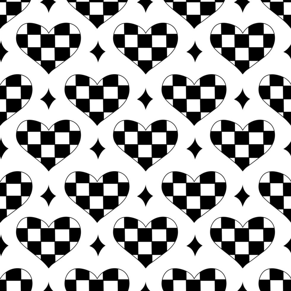 Seamless Pattern with Hearts in chessboard and stars in emo style. Y2k. Black and white. Vector flat illustration.