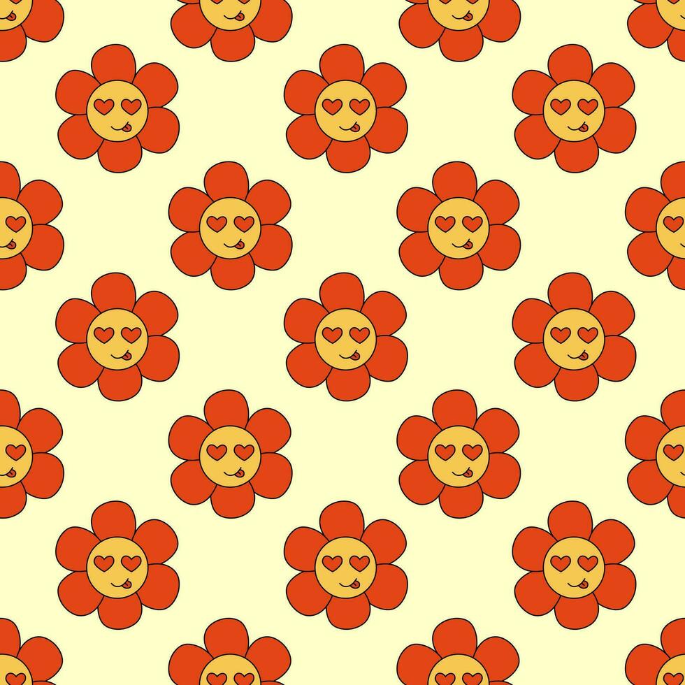 Retro Seamless Pattern 70s 60s 80s Hippie Groovy cute flower shows tongue. Eyes hearts. Smiling face. Valentine Day background. Flower power. Vector illustration.